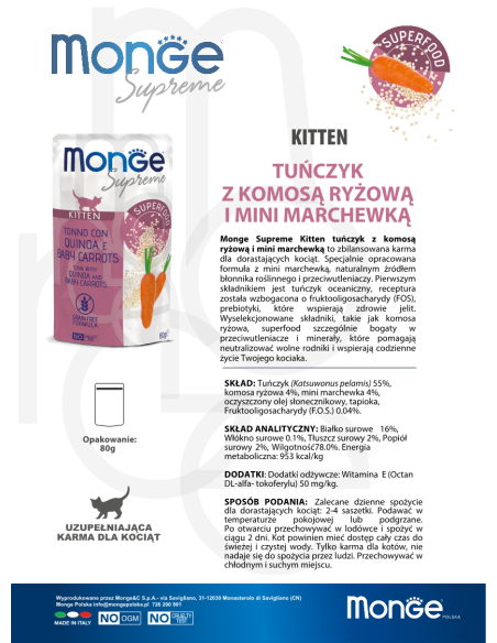 OUTLET Monge Supreme pouch Kitten Tuna with quinoa and mini carrots 80g