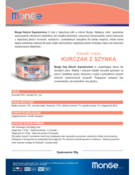 MONGE DOG NATUR HÄHNCHEN MIT SCHINKEN 95g