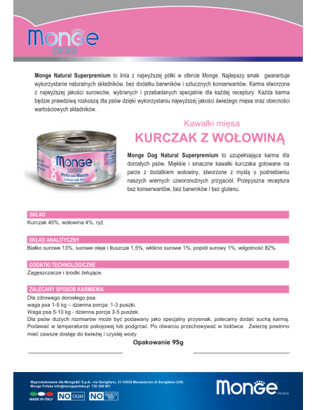 MONGE DOG NATURAL KURCZAK Z WOŁOWINĄ 95g