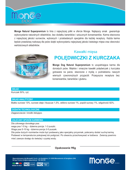 MONGE DOG NATURAL POLĘDWICZKI DROBIOWE 95g