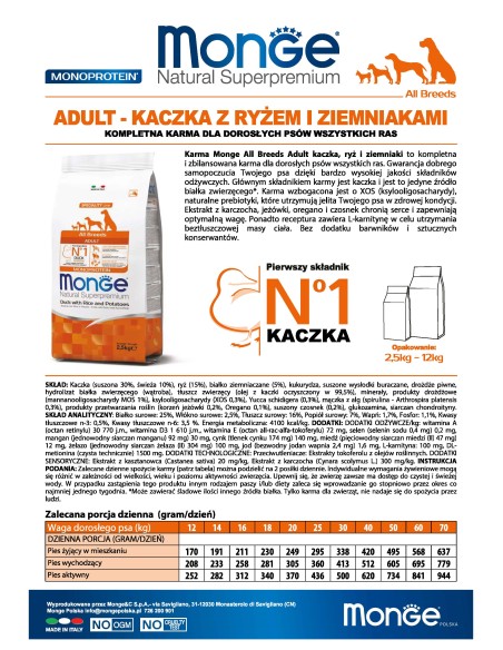 OUTLET DOG ADULT KACZKA Z ZIEMNIAKAMI I RYŻEM 2,5KG