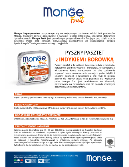OUTLET MONGE DOG FRUIT PATE WITH TURKEY AND BLUEBERRY 100g