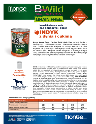 OUTLET MONGE BWILD GRAIN FREE TURKEY 400g