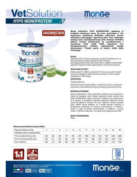 OUTLET MONGE VETSOLUTION DOG- HYPO MONOPROTEIN JAGNIĘCINA 400g