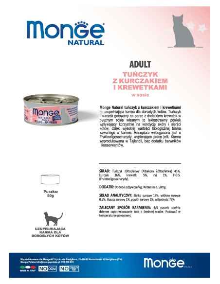 OUTLET MONGE NATURAL TUNA MIT HÜHNCHEN UND PRAWNS 80G