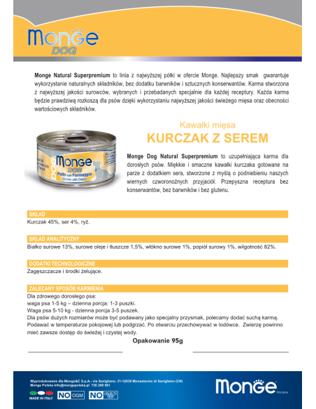OUTLET MONGE DOG NATURAL KURCZAK Z SEREM 95g