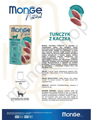 MONGE NATURAL TUŃCZYK Z KACZKĄ W GALARECIE 80G...
