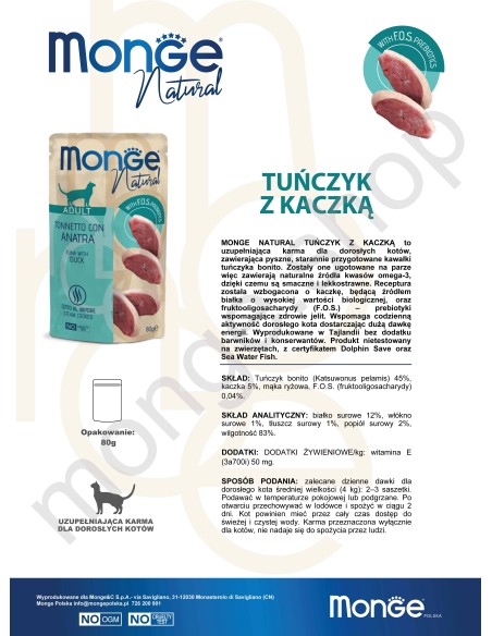 MONGE NATURAL TUŃCZYK Z KACZKĄ W GALARECIE 80G saszetka