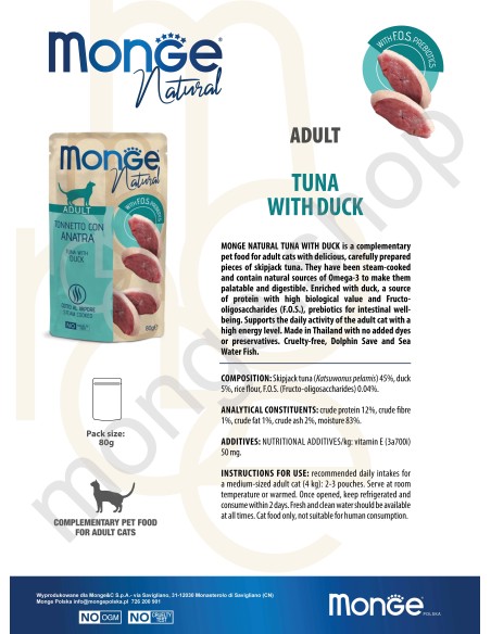 MONGE NATURAL TUŃCZYK Z KACZKĄ W GALARECIE 80G saszetka