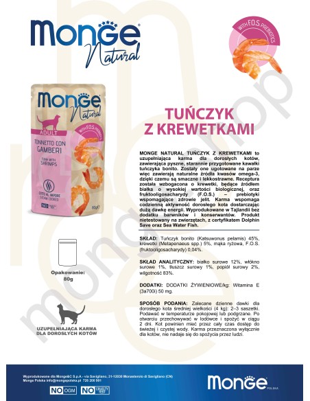 MONGE NATURAL TUŃCZYK Z KREWETKAMI W GALARECIE 80G saszetka