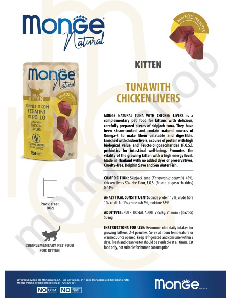 MONGE NATURAL TUŃCZYK Z WĄTRÓBKĄ DROBIOWĄ DLA KOCIĄT W GALARECIE 80G saszetka