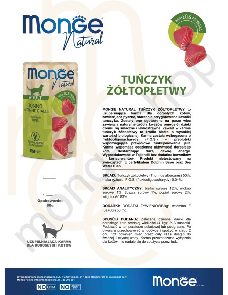 MONGE NATURAL TUŃCZYK ŻÓŁTOPŁETWY W GALARECIE 80G saszetka