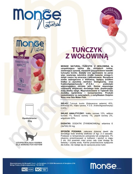 MONGE NATURAL TUŃCZYK Z WOŁOWINĄ W GALARECIE 80G saszetka