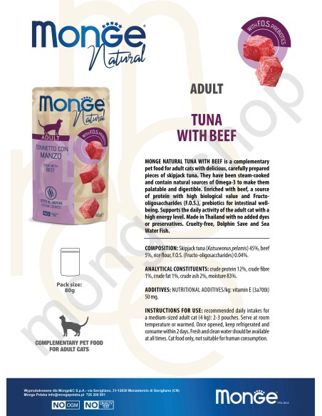 MONGE NATURAL TUŃCZYK Z WOŁOWINĄ W GALARECIE 80G saszetka