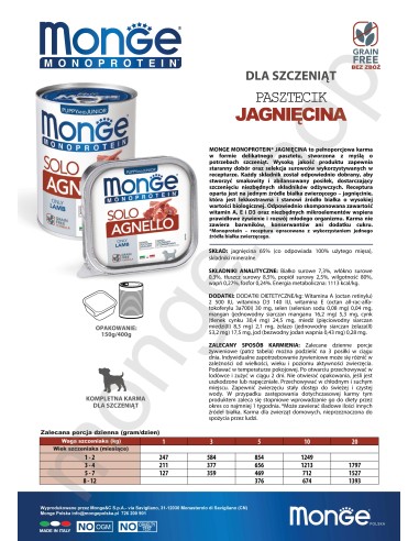 MONGE DOG SOLO LAMB PUPPY 150g