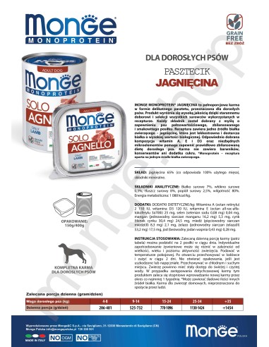 MONGE DOG SOLO LAMB 150g