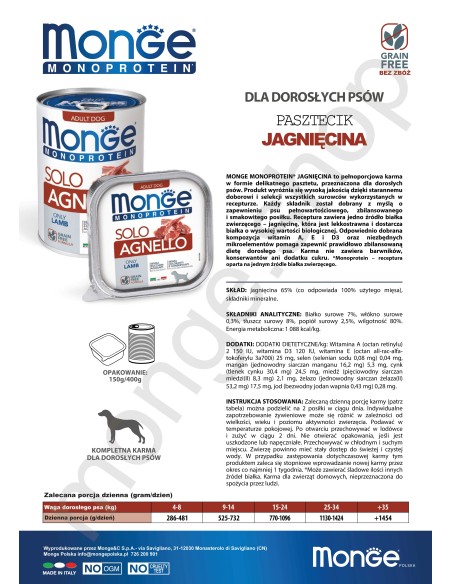 MONGE DOG SOLO LAMM 150g