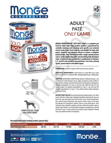 MONGE DOG SOLO LAMB 400g