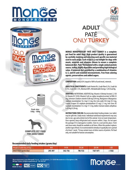 OUTLET MONGE DOG SOLO TURKEY 400g