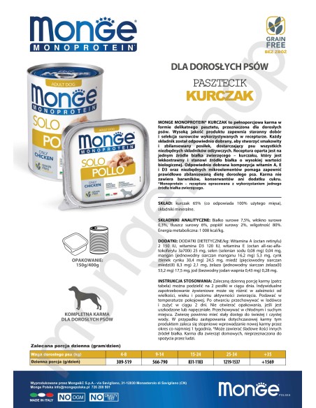 MONGE DOG SOLO KURCZAK 400g