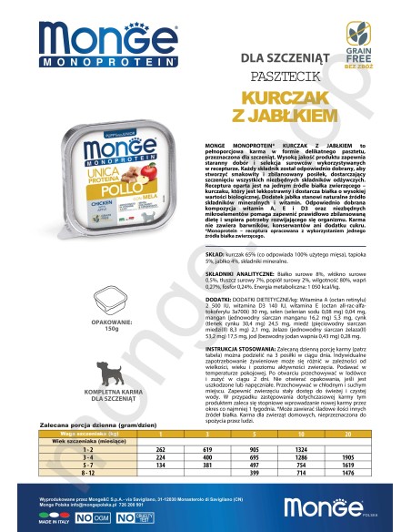 MONGE DOG FRUIT JUNIOR CHICKEN WITH APPLE 150g
