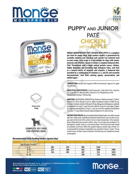 MONGE DOG FRUIT JUNIOR CHICKEN WITH APPLE 150g