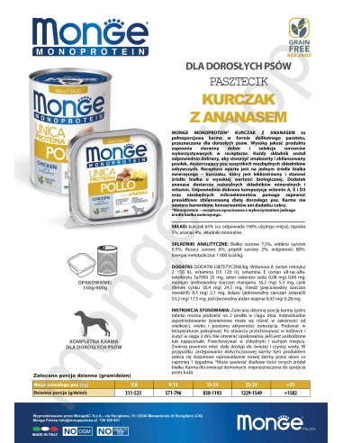 OUTLET MONGE DOG FRUIT CHICKEN WITH PINEAPPLE 150g