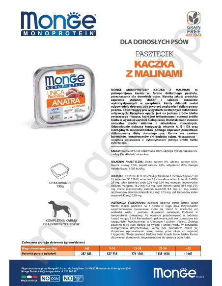 MONGE DOG FRUIT KACZKA Z MALINAMI 150g