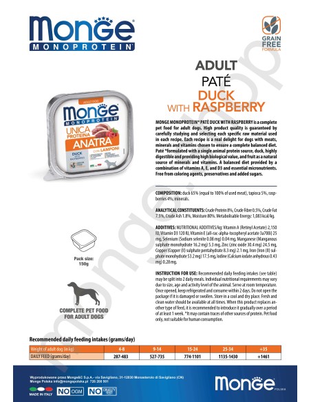 MONGE DOG FRUIT KACZKA Z MALINAMI 150g