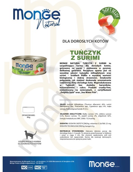 MONGE NATURAL YELLOW TUNA IN JELLY WITH SURIMI 80G