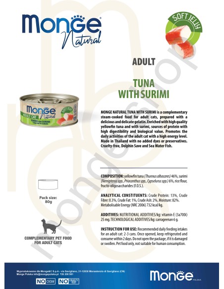 MONGE NATURAL TUŃCZYK ŻÓŁTOPŁETWY Z SURIMI w galarecie 80G