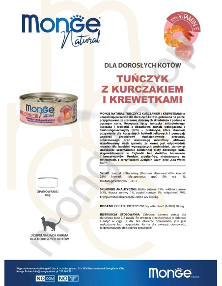 MONGE NATURAL TUŃCZYK Z KURCZAKIEM I KREWETKAMI w sosie 80G