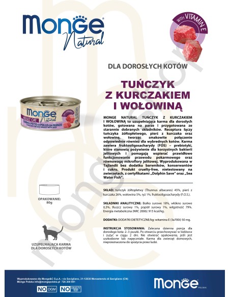 MONGE NATURAL TUŃCZYK Z KURCZAKIEM I WOŁOWINĄ w sosie 80g