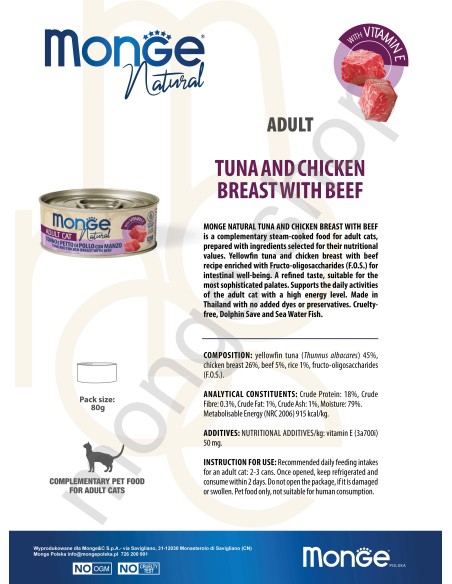 MONGE NATURAL TUŃCZYK Z KURCZAKIEM I WOŁOWINĄ w sosie 80g