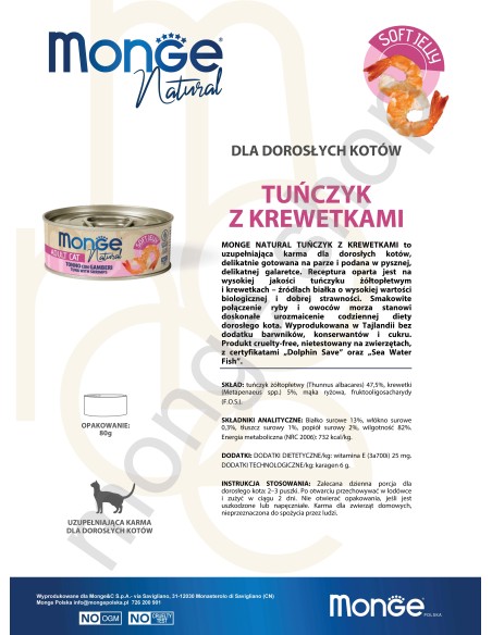 MONGE NATURAL TUŃCZYK Z KREWETKAMI w galarecie 80G