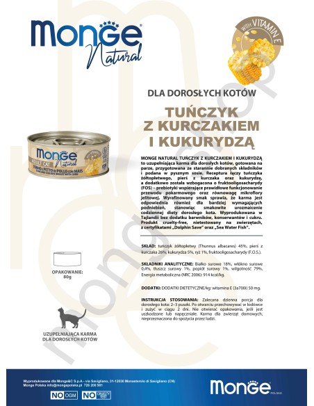 MONGE NATURAL TUNA WITH CHICKEN AND CORN 80G