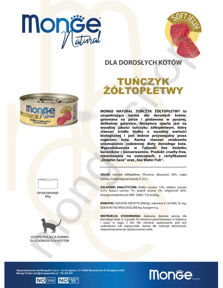 MONGE NATURAL TUŃCZYK ŻÓŁTOPŁETWY w galarecie 80g