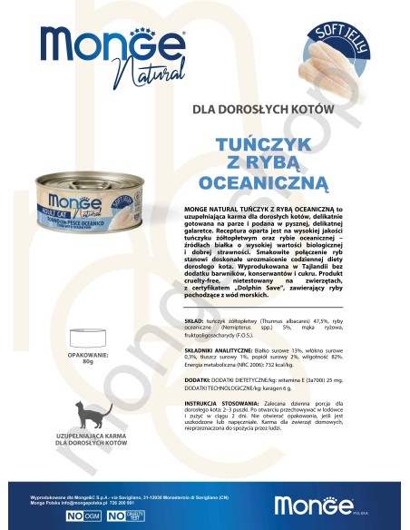 MONGE NATURAL TUŃCZYK Z RYBĄ OCEANICZNĄ w galarecie  80G