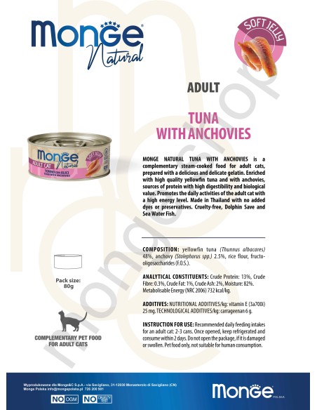MONGE NATURAL TUŃCZYK Z ANCHOIS (SARDELĄ) w galarecie 80G