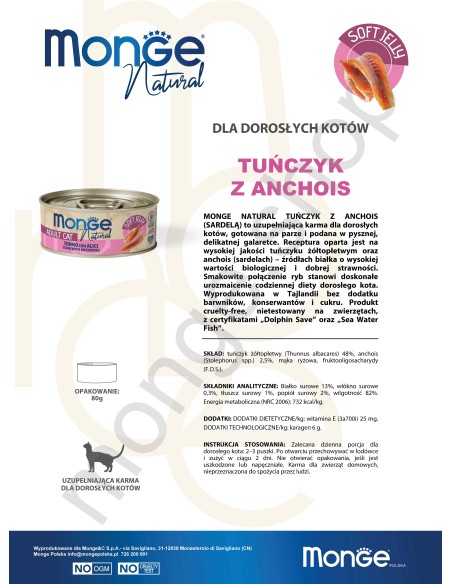 MONGE NATURAL TUŃCZYK Z ANCHOIS (SARDELĄ) w galarecie 80G