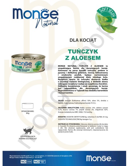 MONGE NATURAL THUNFISCH MIT ALOE VERA in Gelee FÜR KÄTZCHEN 80G