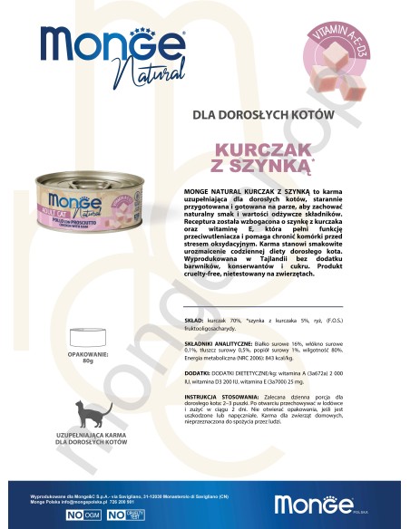 MONGE NATURAL CHICKEN WITH HAM in Sauce 80G