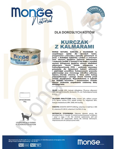 MONGE NATURAL KURCZAK Z KALMARAMI w sosie 80G