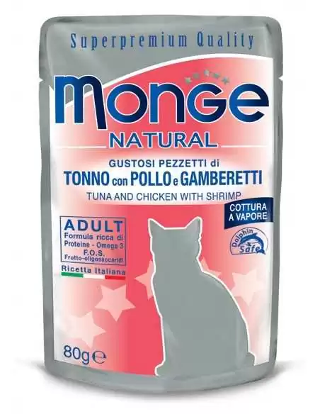 MONGE NATURAL TUŃCZYK Z KURCZAKIEM I KREWETKAMI W GALARECIE 80G saszetka
