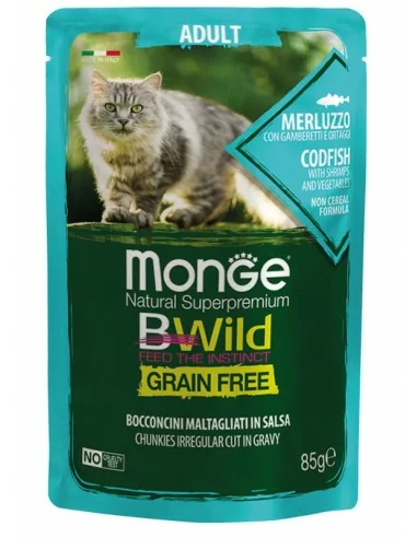 MONGE BWILD Grain Free Kabeljau mit Garnelen und Gemüse in Sauce 85g