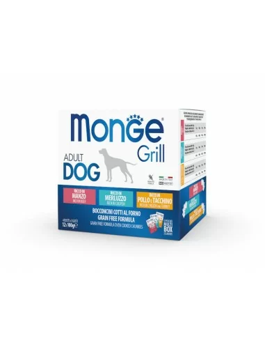 MONGE GRILL Multi Box Dog wołowina/dorsz/kurczak z indykiem 12x100g